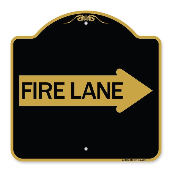 Designer Series Sign-Fire Lane Right Arrow, Black & Gold Aluminum Sign, 18" x 18", BG-1818-24391